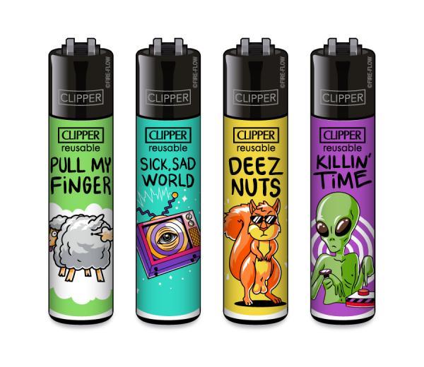 Clipper CLASSIC Large Mix Slogan #4 4er Set mit Motiven „Pull My Finger“, „Sick, Sad World“, „Deez Nuts“ und „Killin' Time“ – nachfüllbar, Softflame, Feuerstein wechselbar, Stopfhilfe.